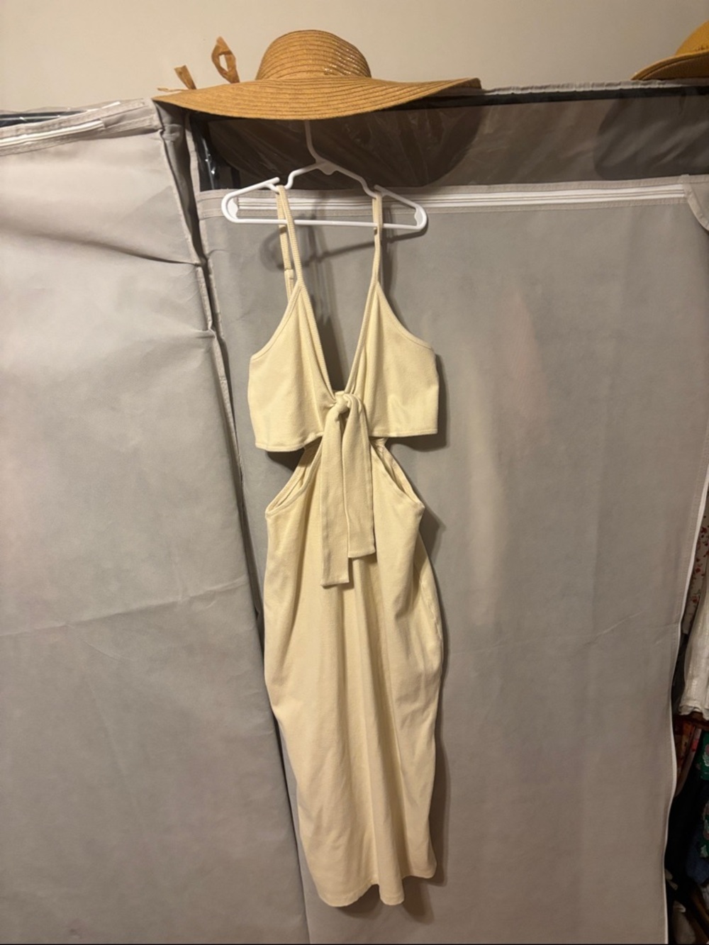 Cream Tie-Front Midi Dress with Cutout Detail